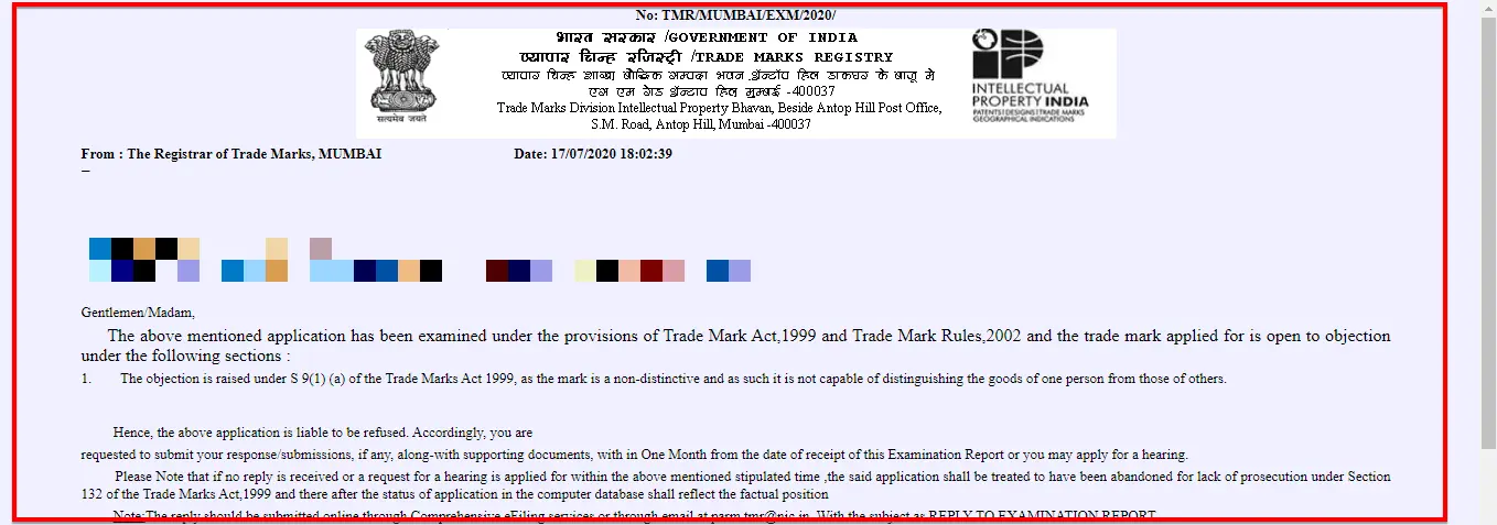 trademark examination report